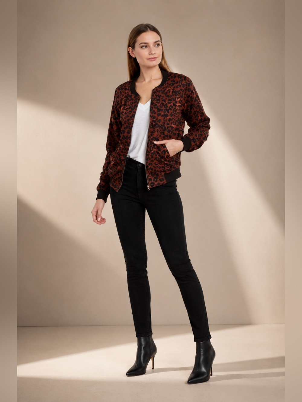 Leopard Print Bomber Jacket Lightweight Trendy Streetwear Zip Up